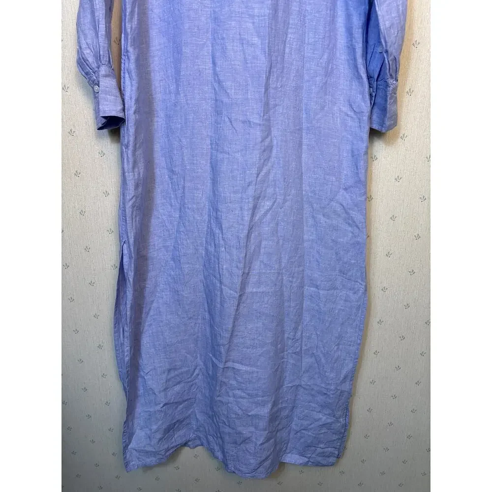 J Crew Bungalow Maxi Popover Dress XS in Linen Blue Quiet Luxury Coastal Beach